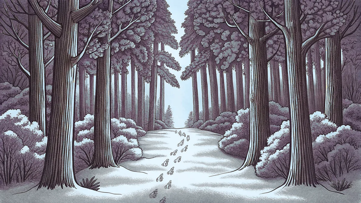 Paw and hoof prints marking snow where fox and rabbit wander through winter woods.