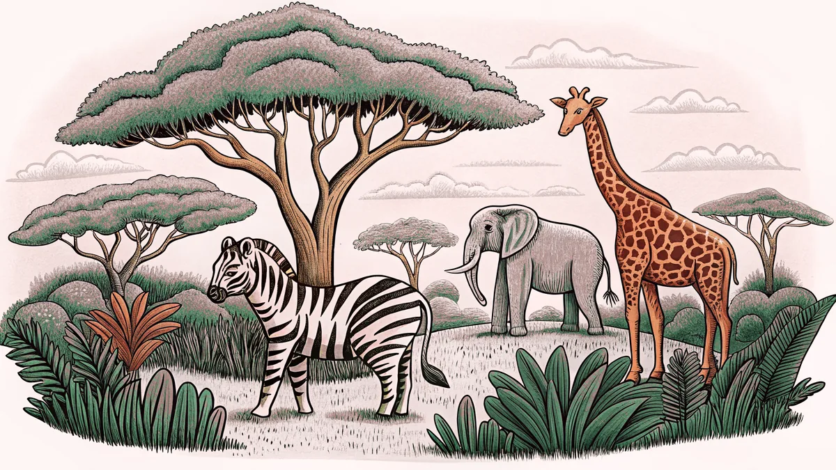 Wild animals of the African savanna gathered in their natural habitat.