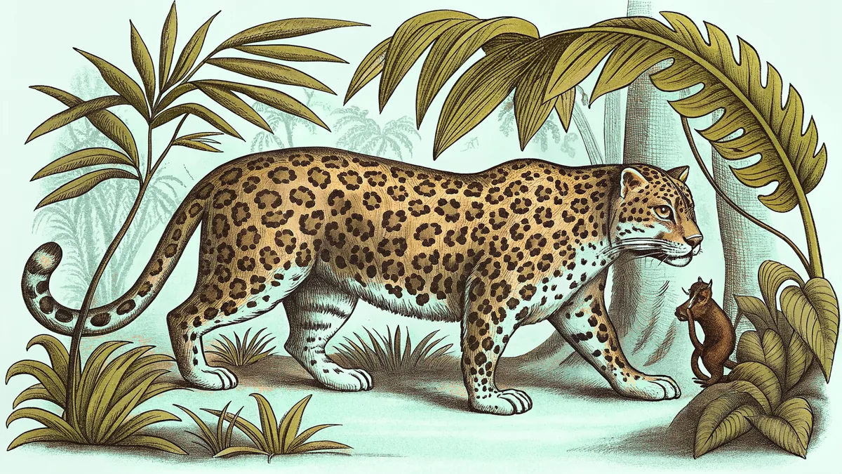 A spotted jaguar moves silently through dense rainforest canopy.
