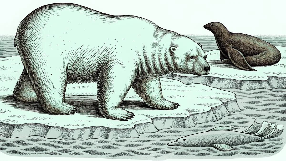 Polar animals including a polar bear, walrus, narwhal, and orca in frozen Arctic waters.