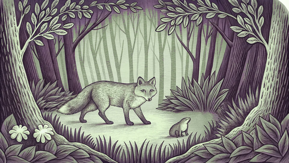 A fox and chipmunk leap through woodland near flowing water.