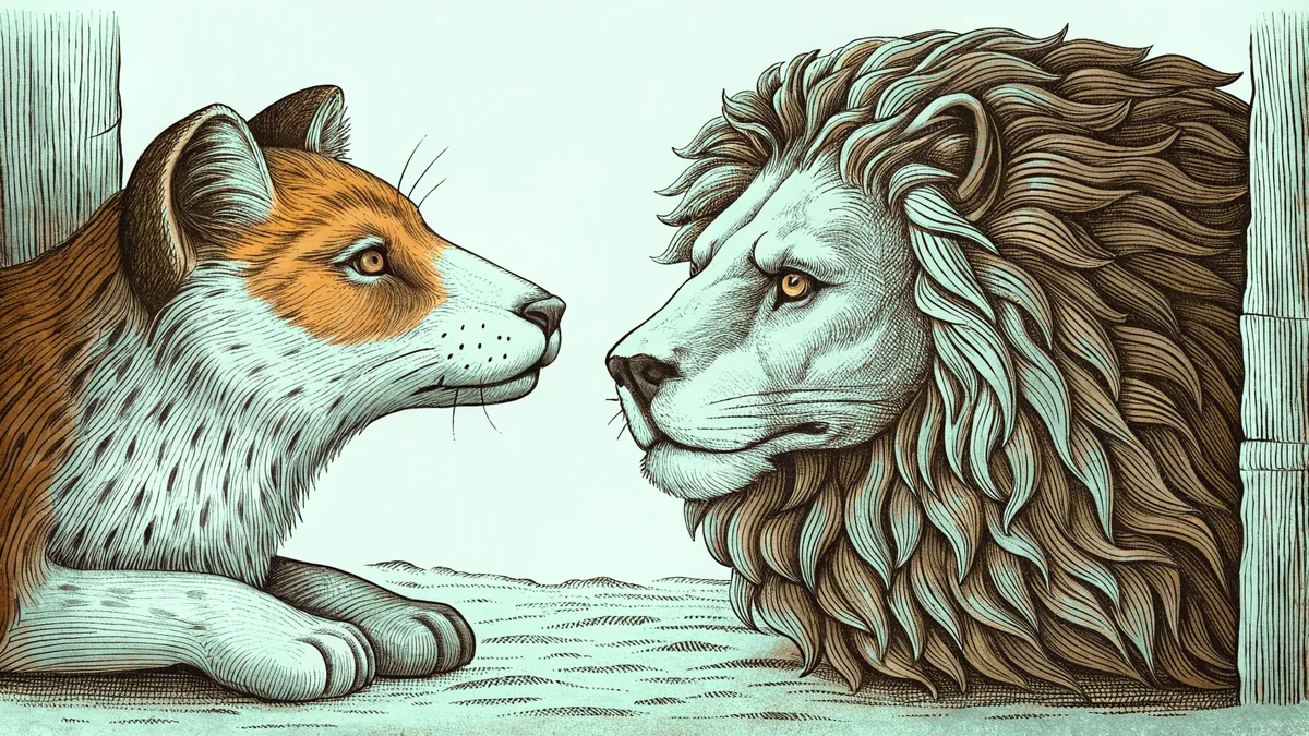 A clever fox facing down a majestic lion from classical fables.