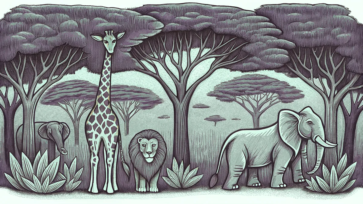 African wildlife including giraffes, lions, and elephants on the vast savanna.