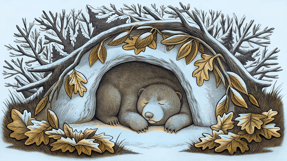 A bear sleeps peacefully in a winter hibernation den.