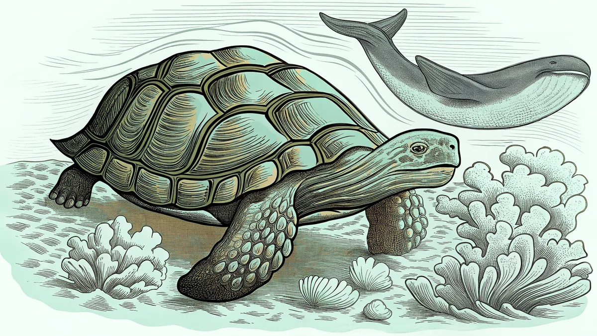 A wise old tortoise and a whale representing creatures that live centuries.