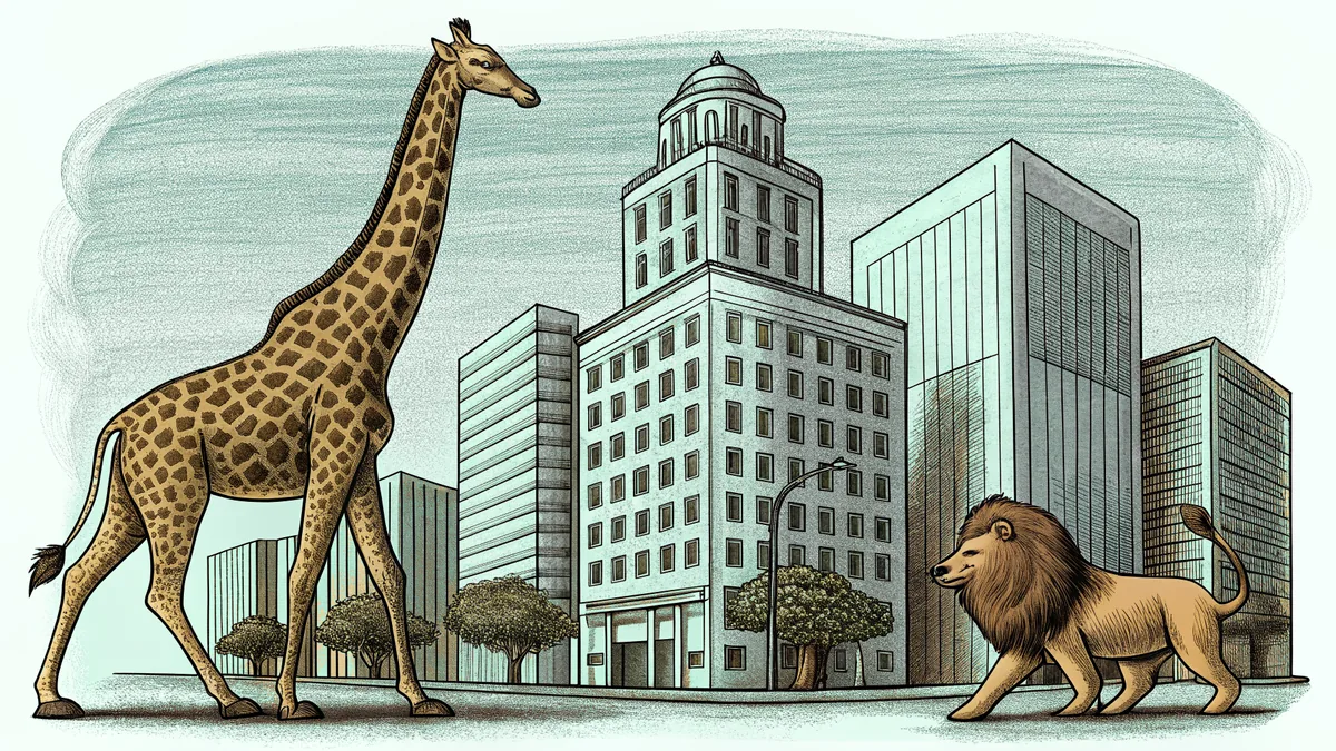 A diverse animal city with a giraffe, lion, and fox walking through a bustling metropolis.