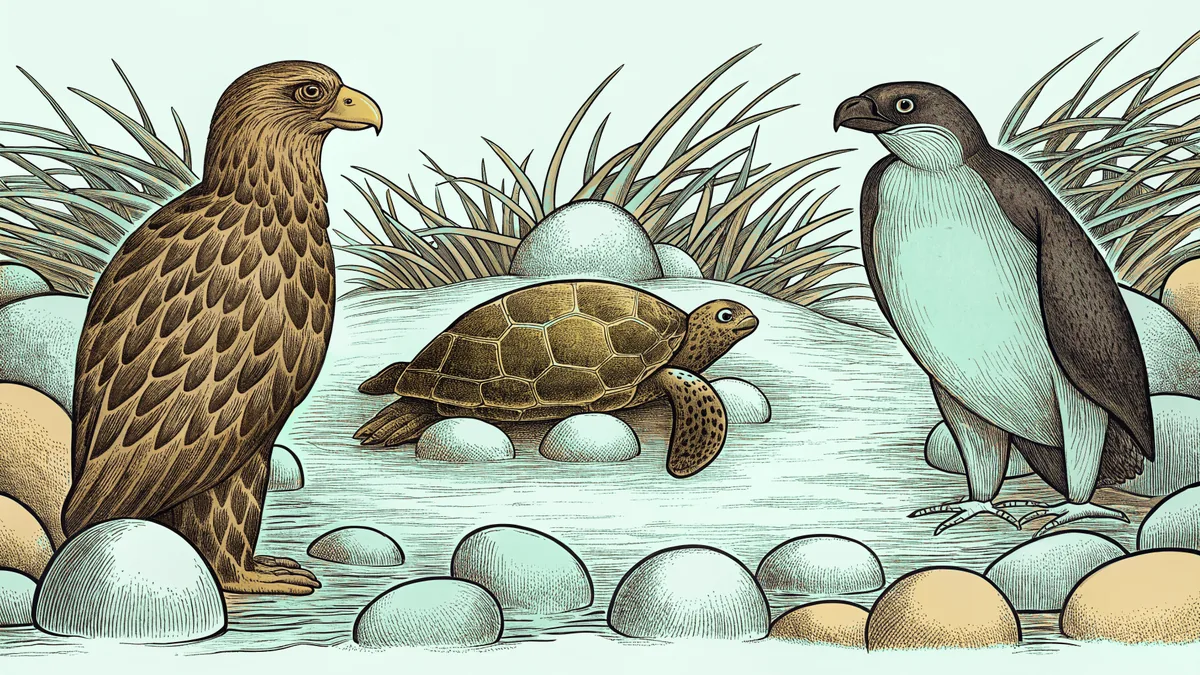 An eagle, penguin, and turtle gathered around scattered eggs on a shore.