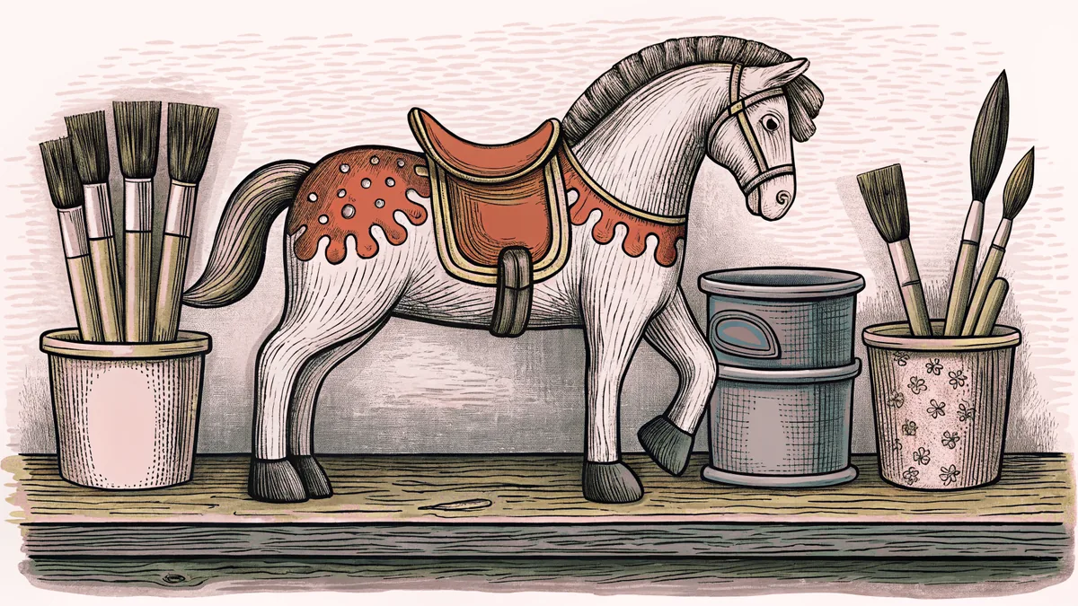 A carousel horse figure alongside artist supplies displayed on a wooden workshop shelf.
