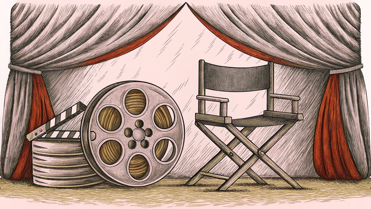 Film production elements including a reel and clapper board with a director's chair on set.