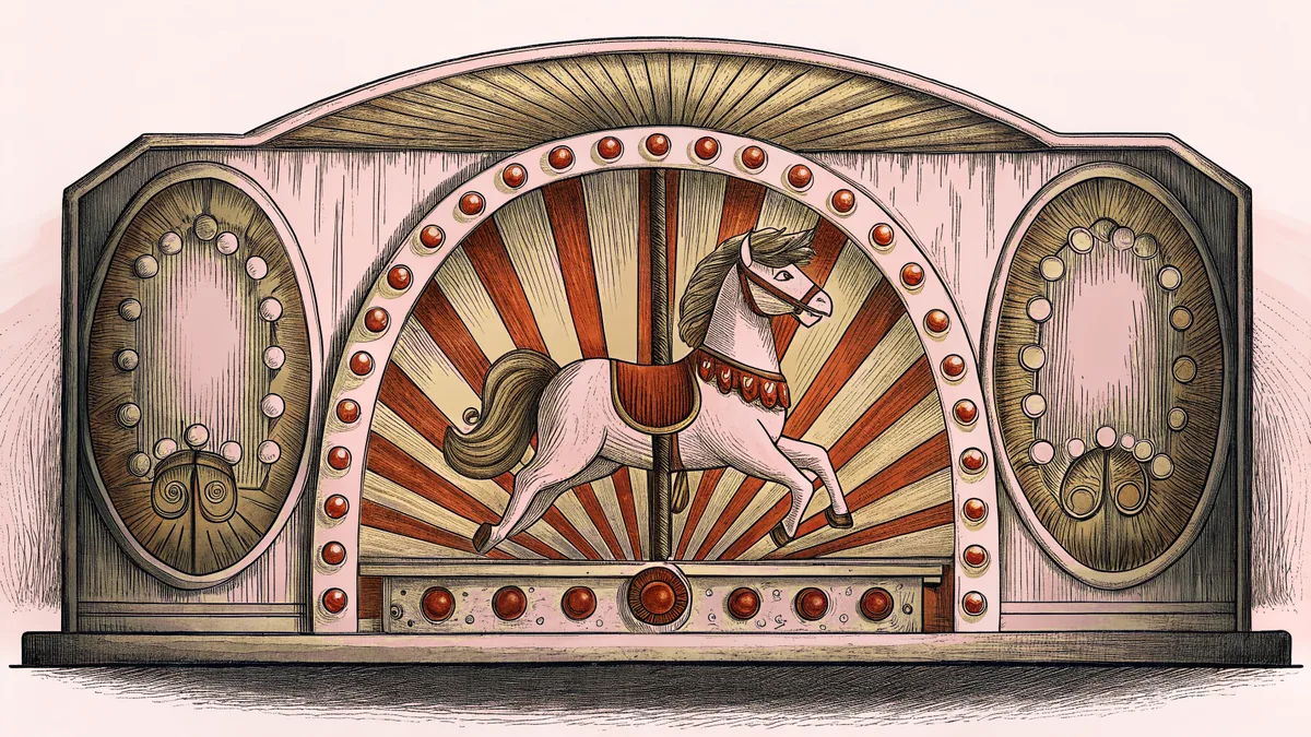 A painted carousel horse stands beside a music box and ornate mirror in a vintage circus setting.