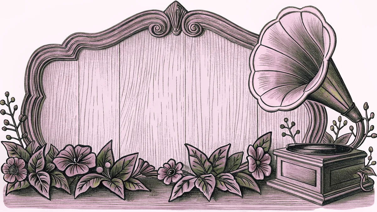 Wooden musical notes decorate a blank plaque beside a gramophone horn and vintage vinyl record.