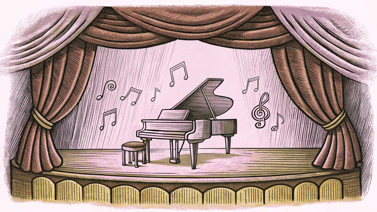 A theatrical stage with a grand piano and animated musical notes in warm lighting.