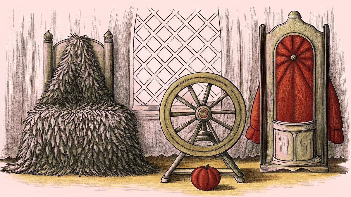 A dark feathered cloak drapes over a carved chair beside a spinning wheel and a small gourd.