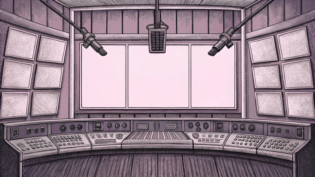 A studio camera and boom microphone are suspended above a complex control console with illuminated switches and buttons.