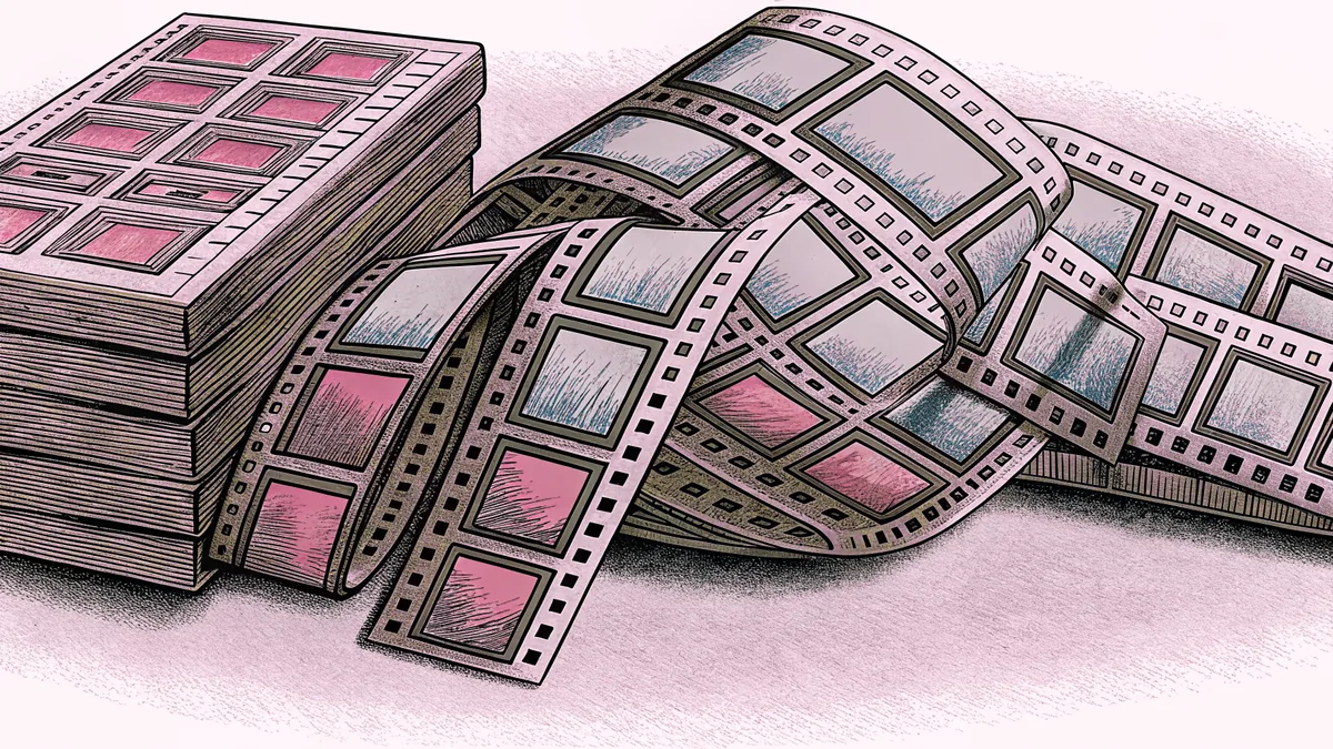 A stack of layered animation cels with translucent panels, beside looping ribbons of film strip.