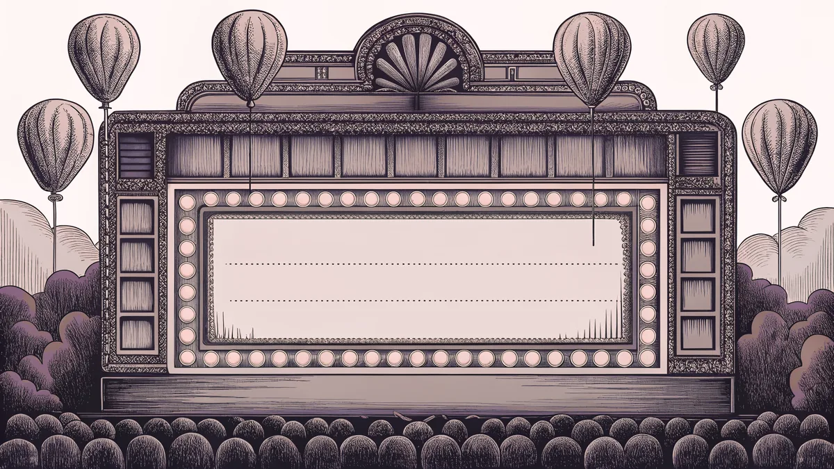 A blank theatre marquee with colorful balloons floats above a ticket booth structure on a bright carnival midway.