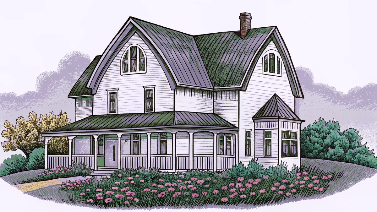 A white farmhouse with green gables overlooks meadows of wildflowers.