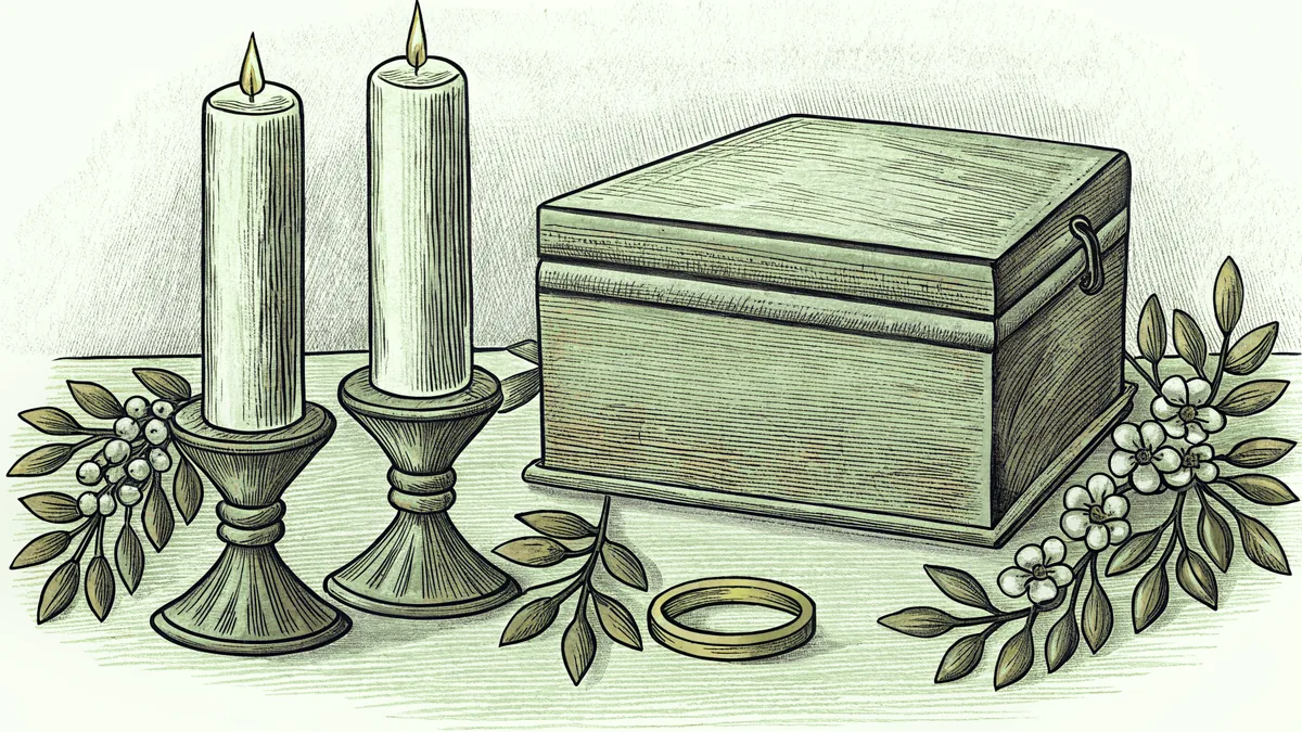Two lit candles stand beside a wooden keepsake box with a slim gold band resting on the lid.
