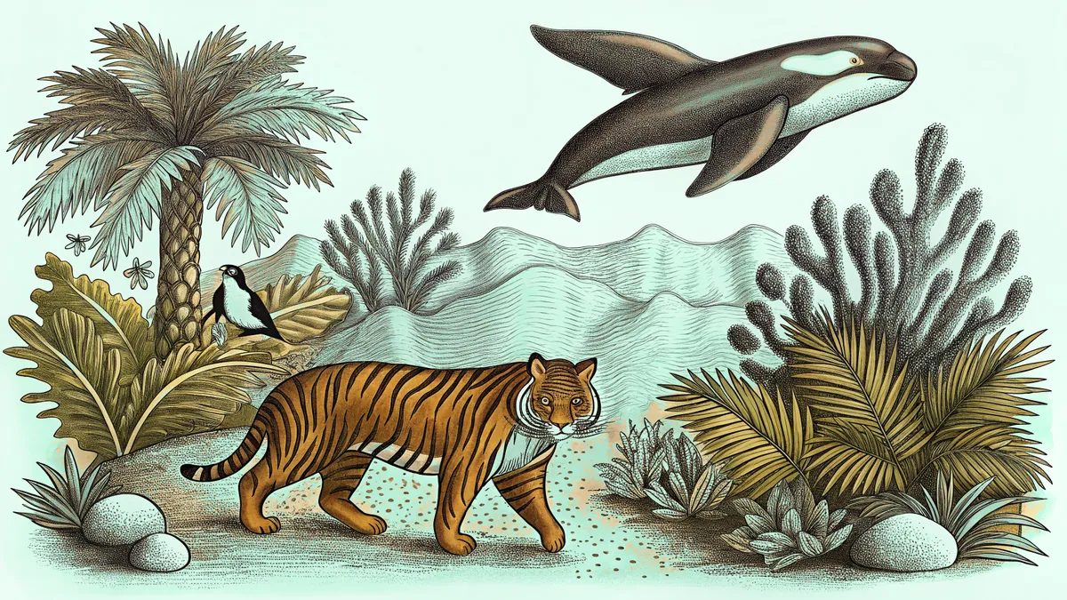 A tiger prowls near an orca whale and soaring golden eagle.