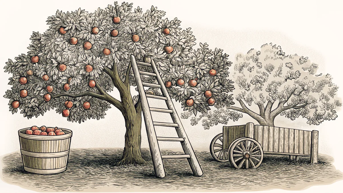 Orchard scene with ladder propped against a fruit tree.
