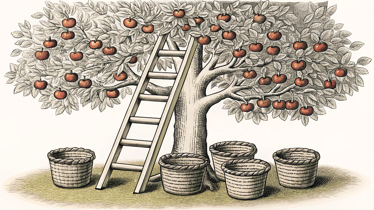 A wooden ladder leans against an apple tree beside wicker baskets brimming with fruit.