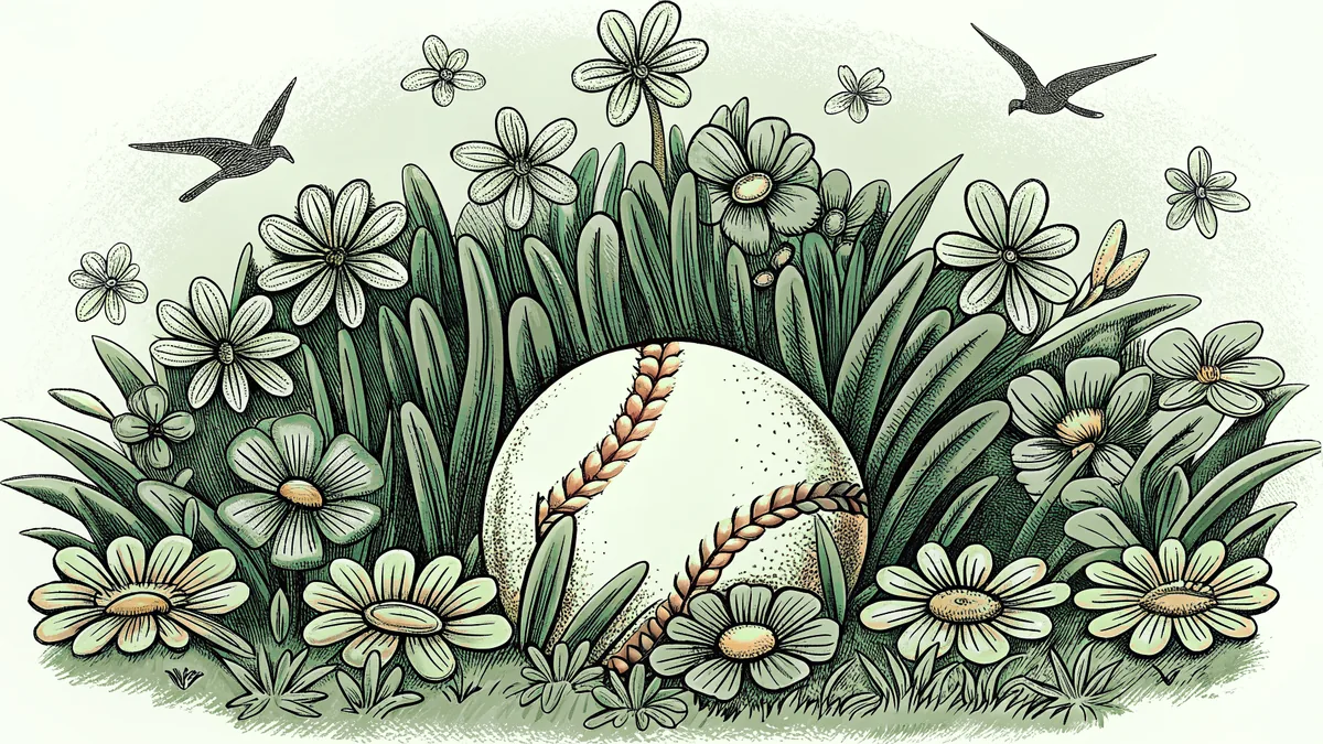 Spring flowers bloom while migratory birds return and a baseball rests in green grass.