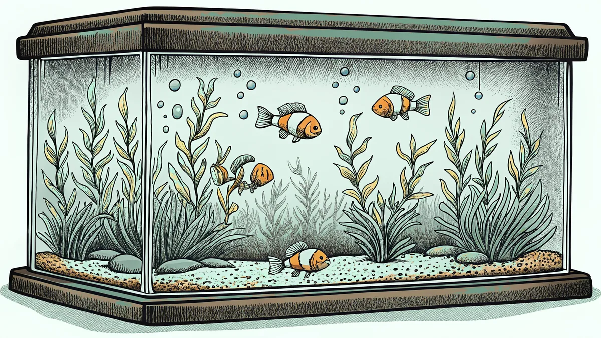 Colorful tropical fish swimming among coral in an aquarium.