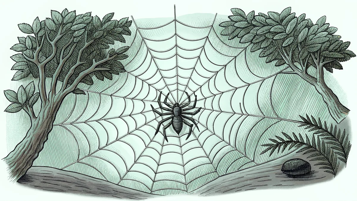 A delicate spider web catches morning dew beside a scorpion resting on tree bark.