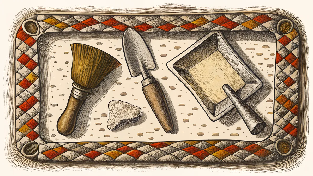A trowel and brush rest beside a broken potsherd in a squared excavation trench.