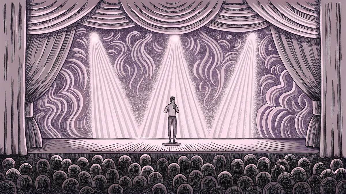 A concert stage with a singer at the microphone under swirling colored stage lights.