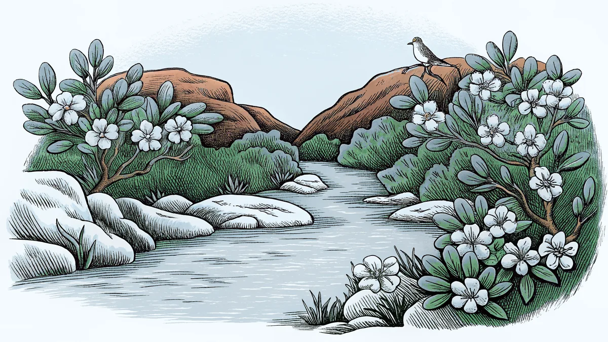 Blooming apple trees and singing mockingbirds beside a steaming mineral spring.