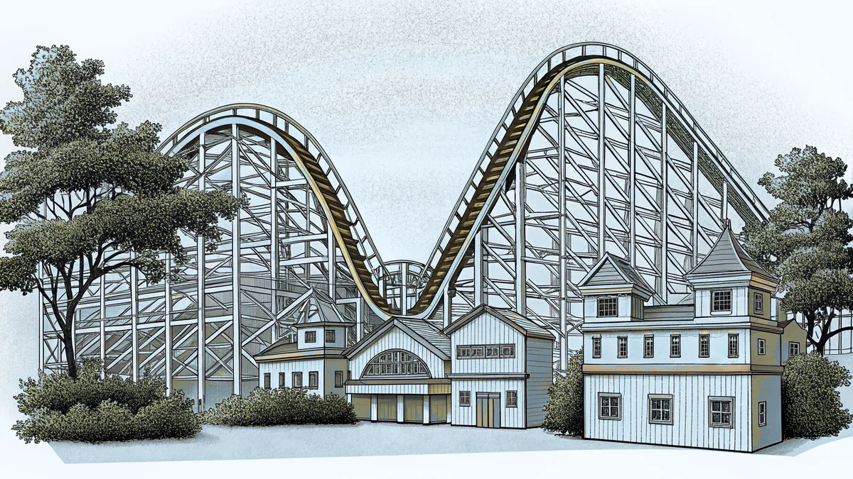 An amusement park scene with colorful rides and exhilarated visitors.
