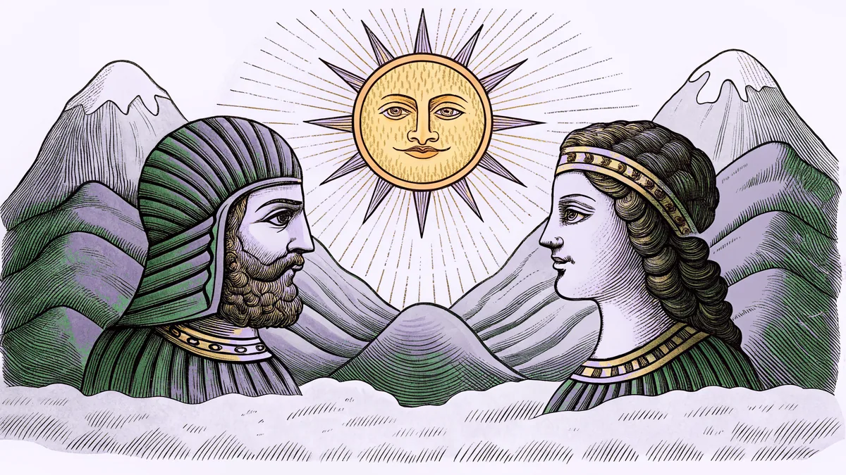Armenian mythological figures watching over sacred mountains, stars, and the celestial realm.