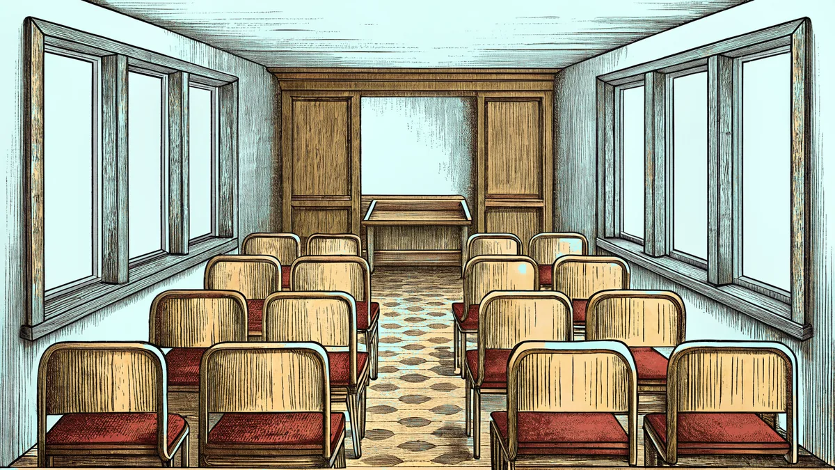 A bright classroom with a wooden chair pulled up to a desk on a patterned carpet by the window.