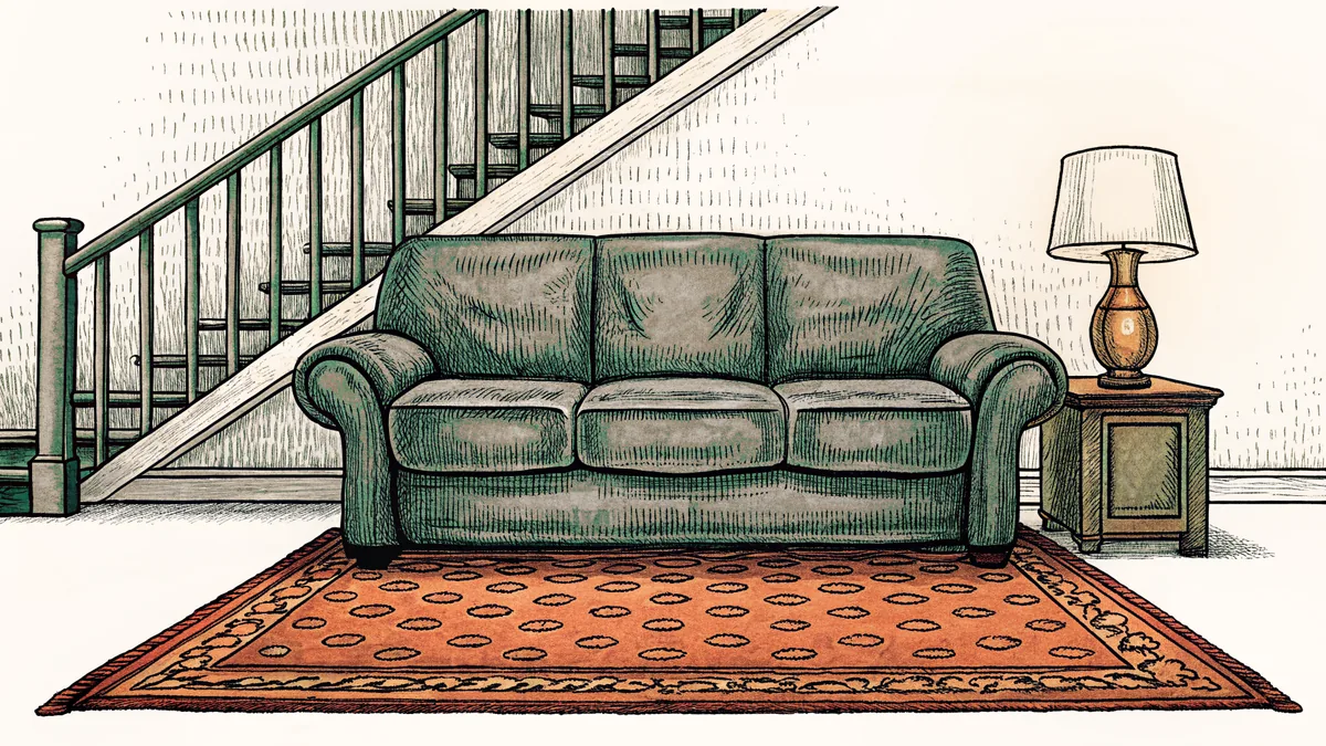 A living room interior with sofa, lamp, and patterned rug.