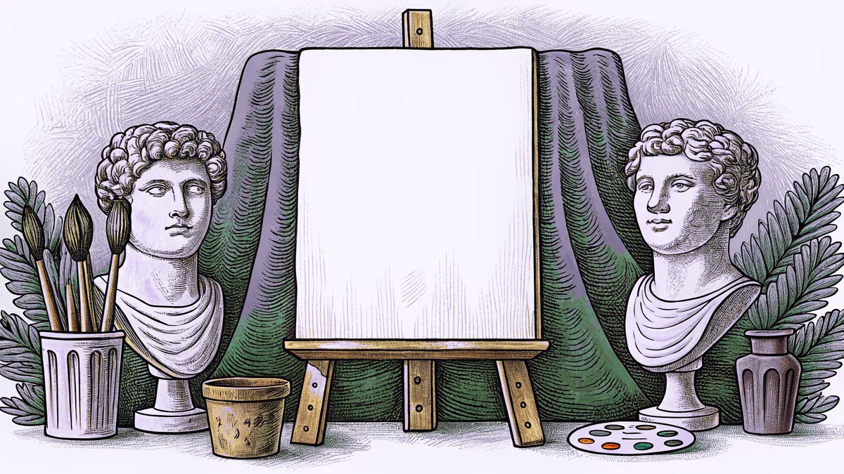 An artist's studio with an easel, canvas, brushes, and colorful art supplies.