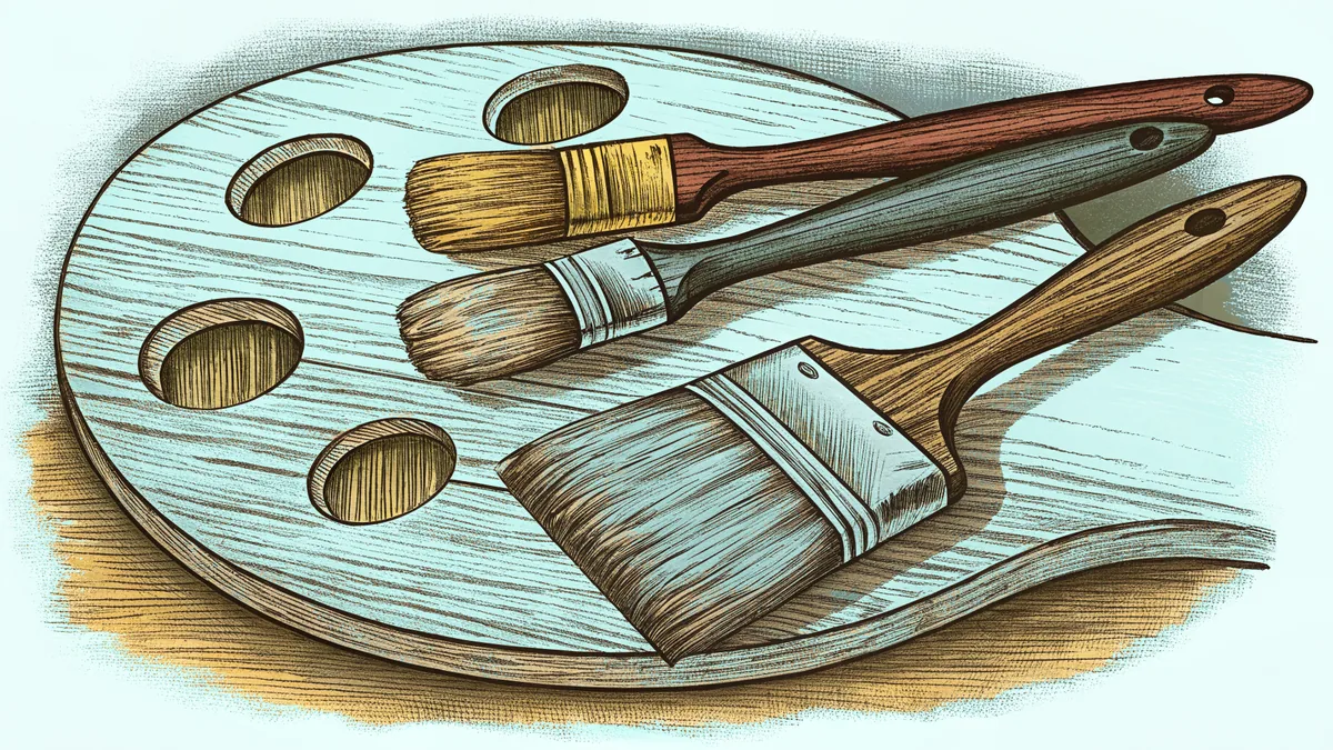 Three worn paintbrushes resting across a wooden palette with thumb hole and paint wells.