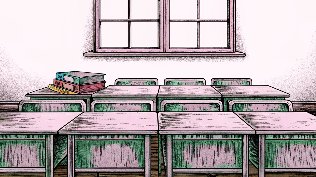 A bright classroom shows wooden student desks beside colorful cubbies near a sunny window.