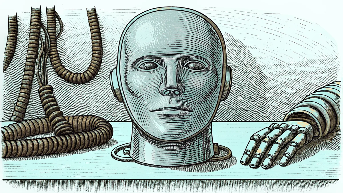 A robot head and mechanical hand on a workbench with coiled cables.
