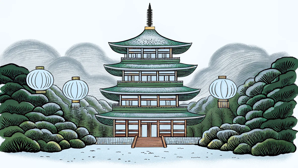 A tiered pagoda and paper lanterns set among misty mountains.