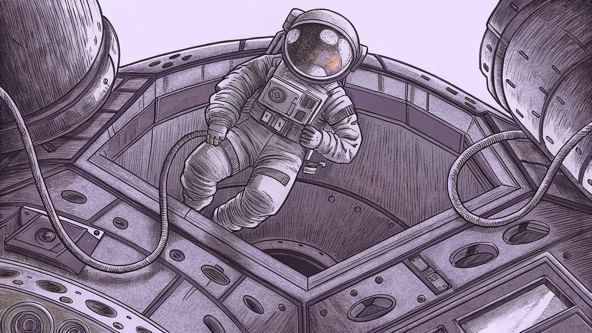 Astronaut in a white suit tethered to a spacecraft, floating in space above the planet below.