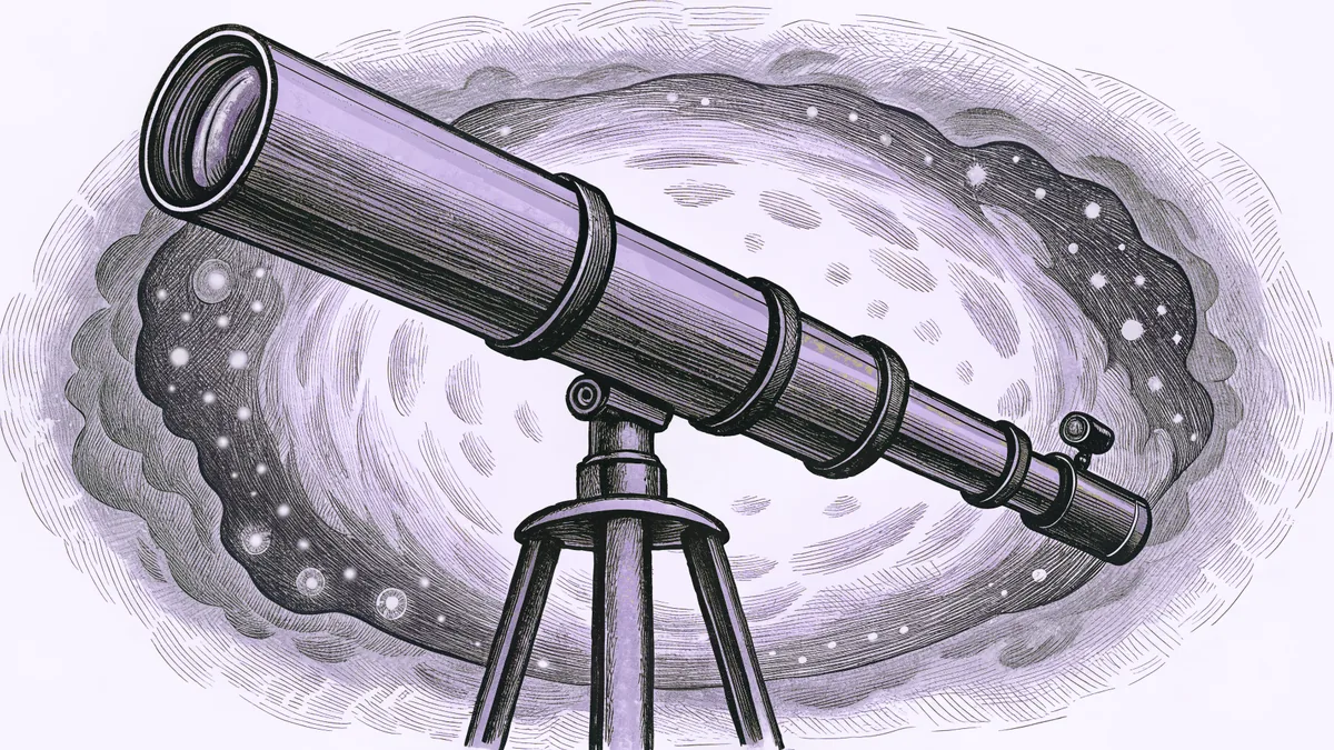 A brass telescope on a tripod points into a night sky lit by a spiral galaxy and a nebula.