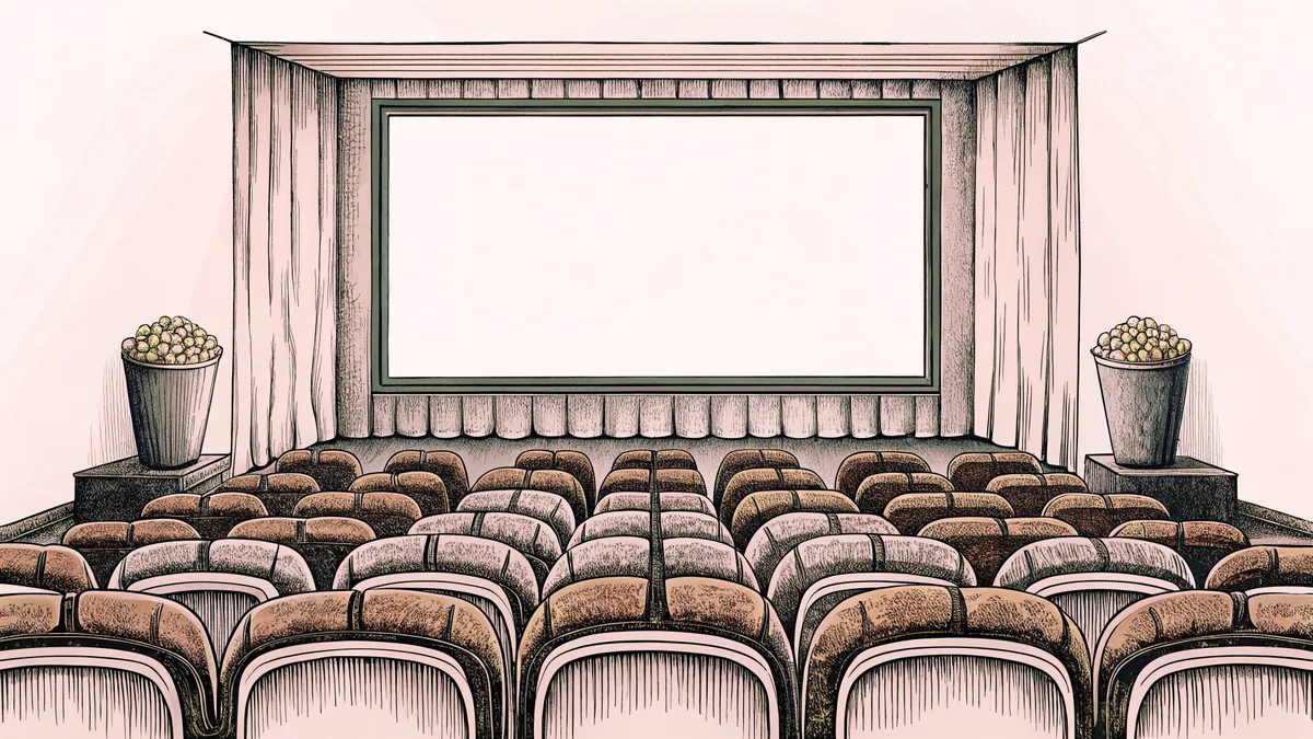 Rows of red velvet cinema seats face a blank glowing screen, a tub of popcorn in front.
