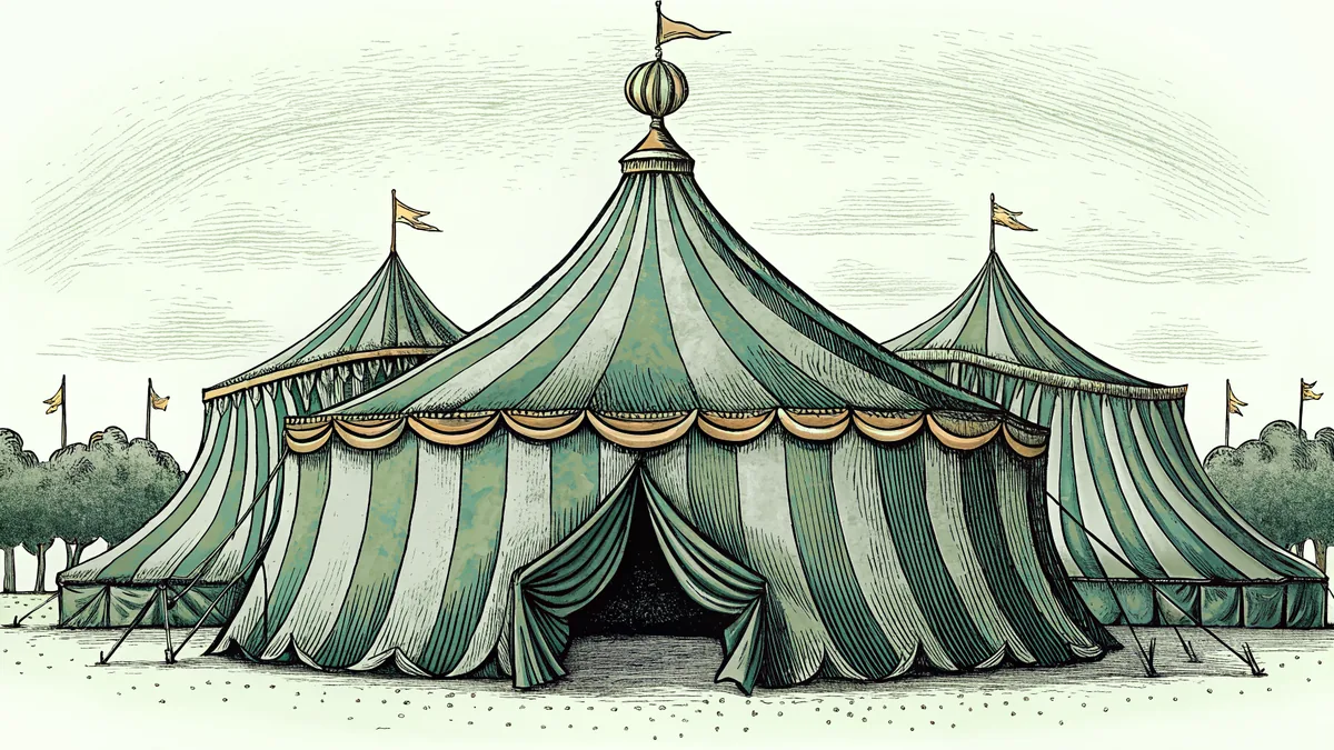 A circus scene with performers, trapeze artists, and audience.