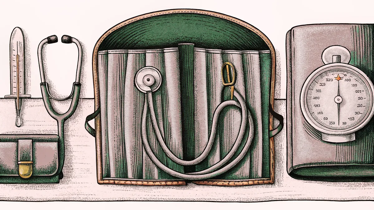 Medical instruments on a doctor's examination table.