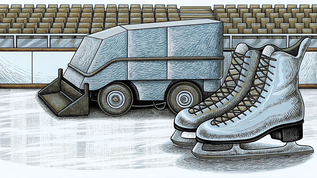 A Zamboni smooths fresh ice as figure skates wait at the rink's edge.