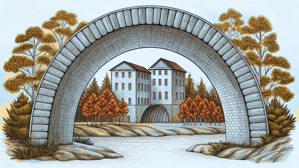 A distinctive arched gateway stands near a leafy park with a flowing creek