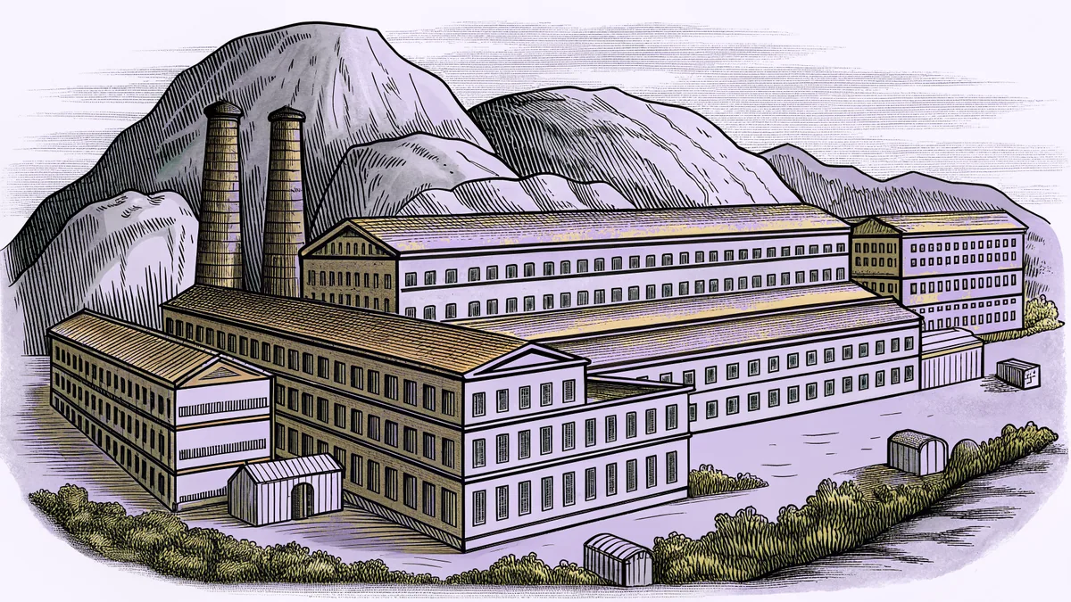 A sprawling industrial factory nestles in a mountain gulch beside a brass forge under arcing electricity.