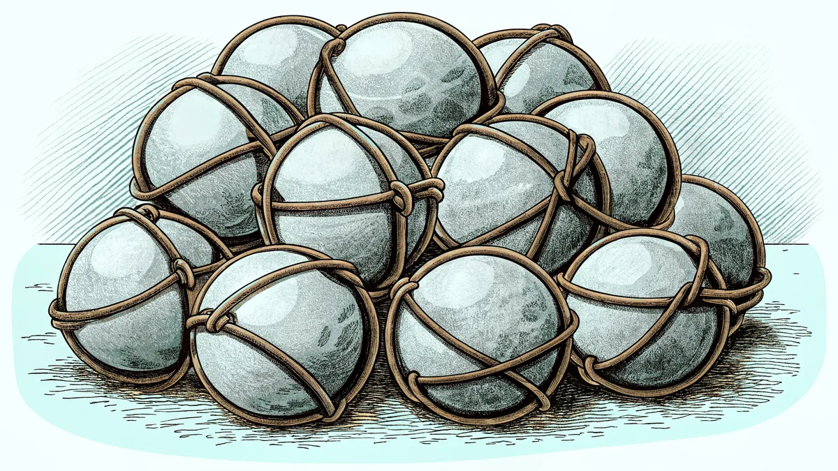 A cluster of glass marbles bound together with copper wire.