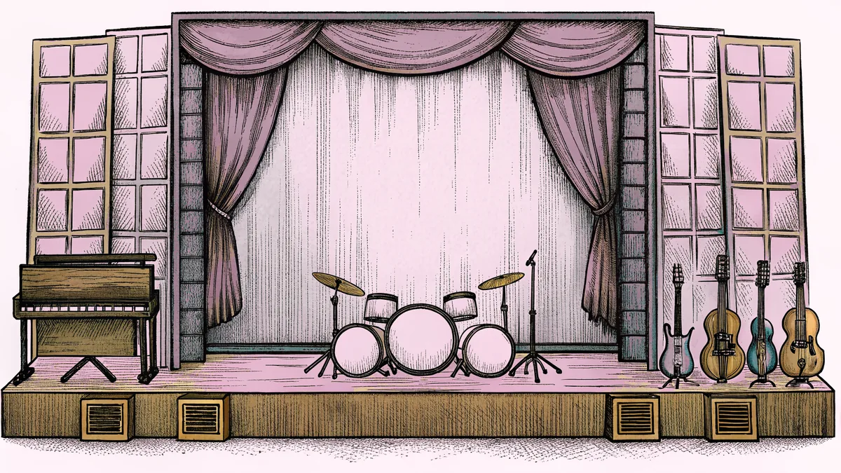 A music studio displays guitars and drums on stands beside a piano and violin on a wooden floor.